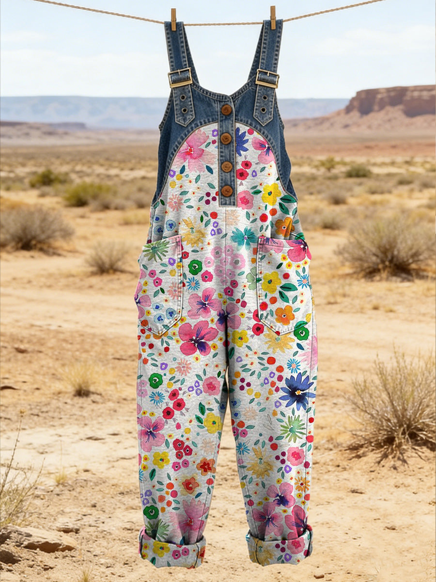 Women's Retro Floral Color-Blocked Art Print Washed Cotton Denim Patchwork Jumpsuit